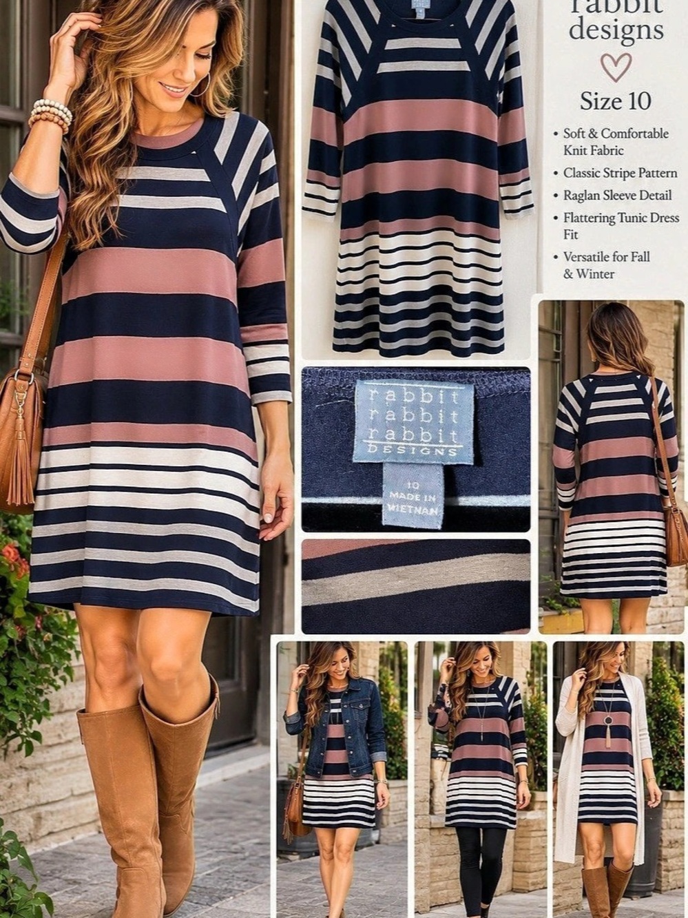 rabbit designs Stripe Raglan Sleeve Tunic Dress Blue & Pink Size 10